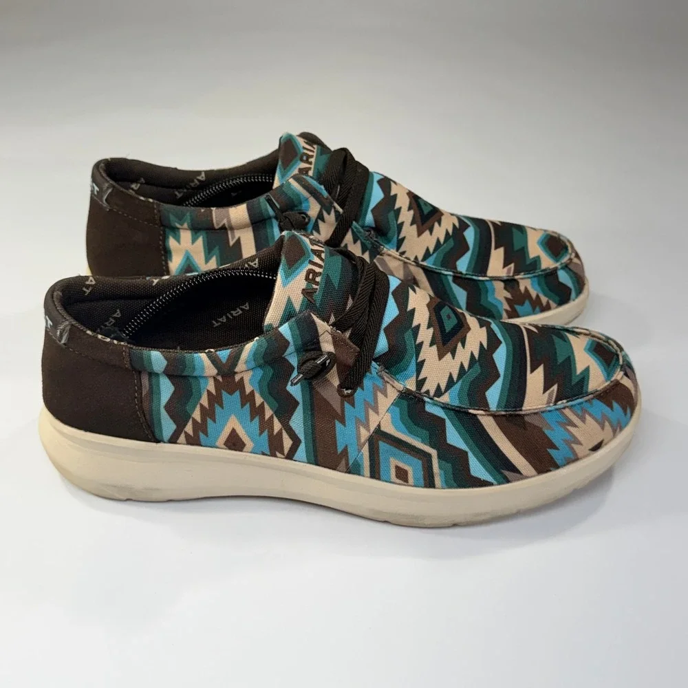 Ariat Hilo Shoes Mens 12D Brown Blue Southwestern Aztec Canvas Slip On Casual